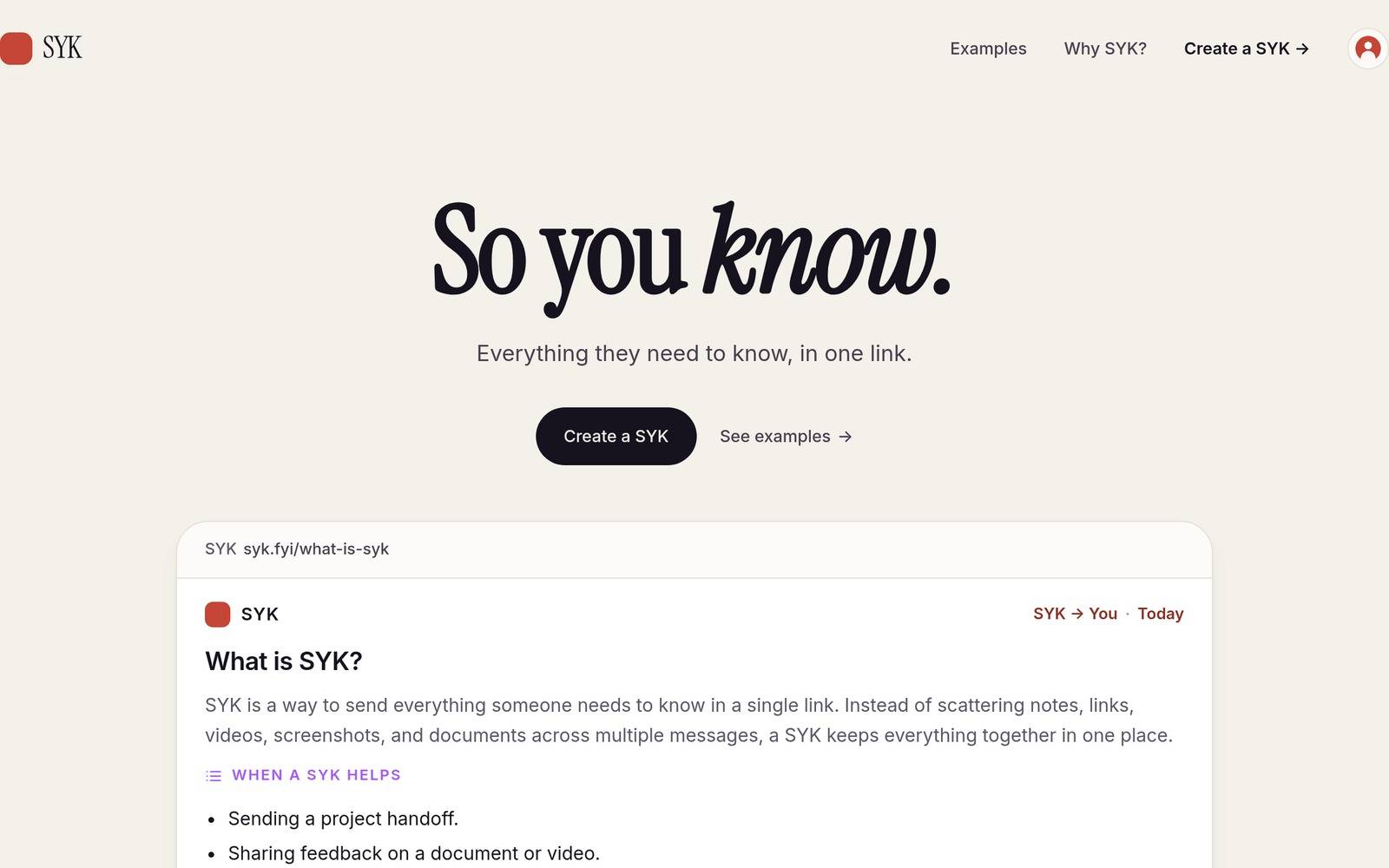 The SYK home page: "So you know."